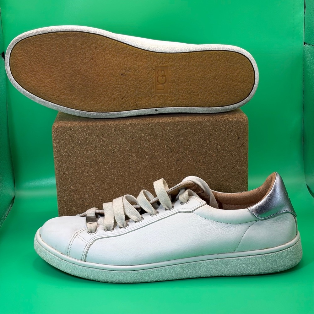 UGG Milo Sneaker Women 9.5‎ White Leather Metallic Silver Heel Low Top 1019107